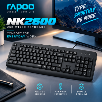 Rapoo NK2600 USB Wired Keyboard (Black) – Full-Size Layout with Integrated Palm Rest, Spill-Resistant Design, Multimedia Hotkeys & 2-Year Warranty